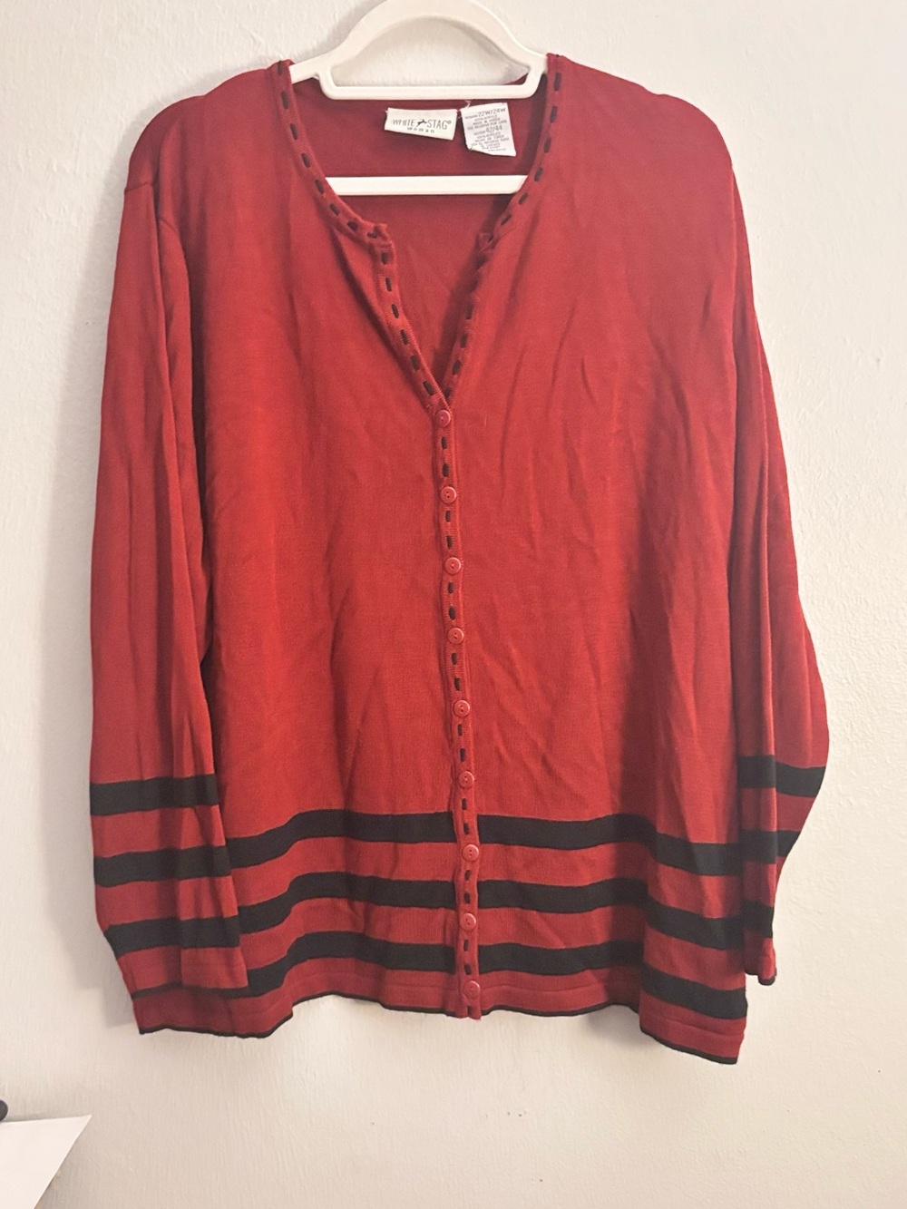 White Stag Red V-Neck Button Knit Top with Contrast Stitching